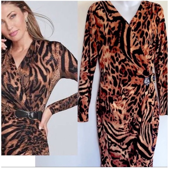 Cache Leopard Animal Print Faux Wrap Dress Long Sleeve Brown Black Medium - Picture 1 of 10